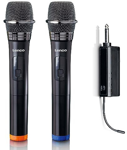 Lenco MCW-020 Kabelloses Mikrofon Set - Funkmikrofone mit Empfänger - 6,5mm Stecker - integrierter Akku mit 2000nAH - bis zu 15 Meter Reichweite - 863,5 MHz - Schwarz MCW-020BK