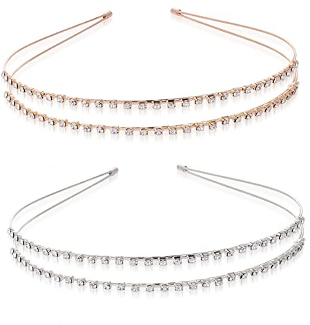 Sibba 2 Stück doppellagige Strass-Haarreifen, Metall-Haarband, glänzende Kristall-Stirnbänder für Prinzessin, Hochzeit, Brautschmuck (Gold + Silber)