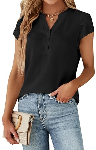 Blooming Jelly Women's Dressy Casual Tops Business Work Chiffon Blouses Button Down Black Shirts 2026 Summer Cap Short Sleeve Outfit (Black,Medium)