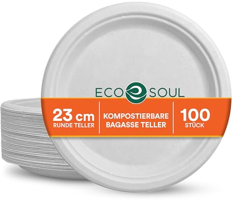 ECO SOUL Einweg-Bagasse-Teller(23cm) 9 rund(200 Stück)(weiß) | Aus Bagasse hergestellt, 100% kompostierbar & plastikfrei, Mikrowellen & gefriergeeignet, Auslaufsicher und extra stabil