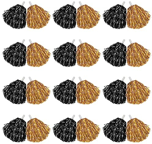 DILIBRA 24 Stück metallische Cheerleading-Pompons, Cheerleader-Pom-Poms mit Schlagstock-Griff, Cheering Squad Hand Blume für Erwachsene, Teamgeist, Sport, Spiel, Tanzparty (Gold + Schwarz)