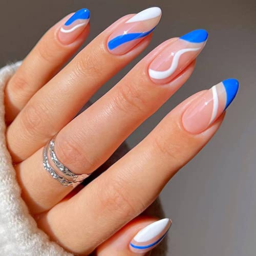 AKOFIC 24 Stück Press on Nails Kurz, French Oval Acryl Künstliche Nägel, Nägel Zum Aufkleben mit Jelly Nagelkleber, Mandel Fake Nails für Frauen Mädchen (Blau Weißer Nude)