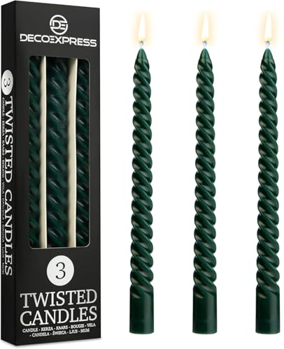 DECO EXPRESS Stabkerzen Set, 3er Packung, Tropffreie Gedrehte Bunte Kerzen, 6 Stunden Brenndauer Unparfümiert, Schlafzimmer Deko Geschenke für Valentinstag und Muttertag (Grün, 3er-Pack)