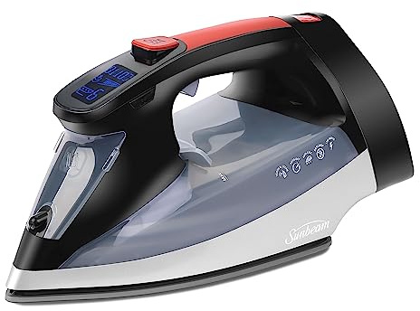 Sunbeam Professional 1700W Digital Steam Iron, 11-Heat Settings, Multi-Color LCD Display Screen, Precision Ironing, Horizontal or Vertical Shot of Steam, 8' Retractable Cord, Black and Red