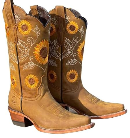 Berull Western cowboystövlar för kvinnor mitten av vaden solros broderi sydda tossor
