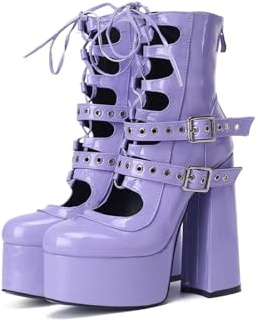Frankie Hsu Lolita - Sandalias de tacón alto para mujer, talla grande, con hebilla, correa doble, color morado y lila, plataforma de charol grueso, Púrpura, 48 EU