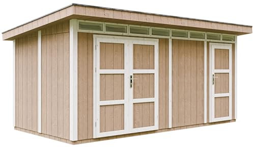 Gartenhaus Premium Qualität 8.52+2.95 m² - L279xW530cm -All-Inclusive-Set mit Boden, Bitumen-Dachziegeln, Farbset- Hochwertiger Geräteschuppen aus Holzwerkstoffplatten LP Smartside - Terra Brown
