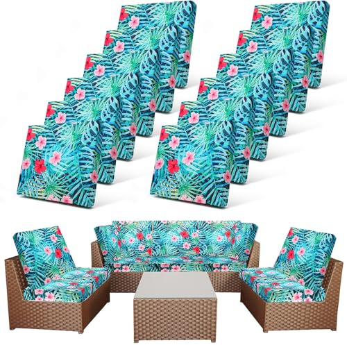 Newwiee 12 Pcs Patio Cushion Covers Outdoor Stretch Sofa Couch Cover Replacement Couch Slipcover Sofa Seat Chair Porch Patio Furniture Protector, Flexibility Washable(Colorful,Palm Leaf)
