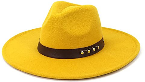 NOAMED Fengyan Hüte 9,5 cm breite Krempe, modischer Fedora-Hut mit Gürtel, Unisex, Vintage-Panama-Jazz-Zylinder, formelle Hochzeit, Filzhüte (Farbe: Gelb, Größe: 56–58 cm)