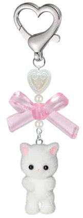 Lilbitty Niedlicher Katzen Schlüsselanhänger, flauschige Kitty Katzen Dekoration, Geschenke für Katzenliebhaber, Freundin, Y2K Herz Schleife Ornament, Frauen und Mädchen,Weiß