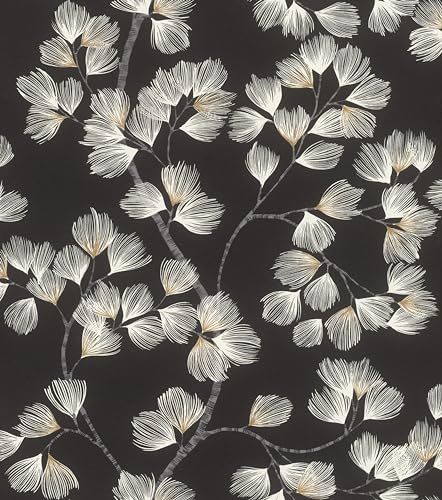 Rasch Symphony 866926 Papier peint intissé avec branches et fleurs fantaisie en noir et blanc, 10,05 x 0,53 m (L x l)