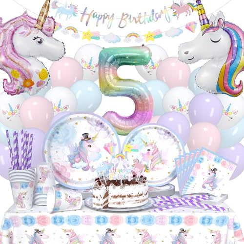 119 Stück Einhorn 5 Jahre Alt Geschirr Ballon Set, Kindergeburtstag Einhorn Dekoration, Pappteller Set für Party, Geburtstag Dekoration