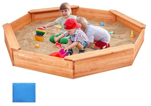VEVOR Holzsandkasten mit Abdeckung, achteckiger Sandkasten, Sandgrube mit 4 Sitzplätzen & Bodenauskleidung, Kindersandkasten für den Garten, Geschenk für Jungen & Mädchen im Alter von 3–12 Jahren
