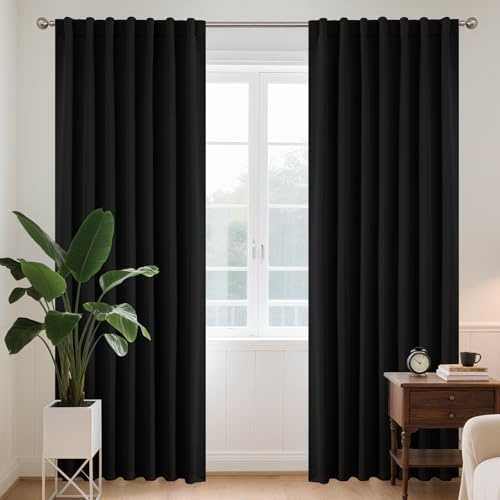 Joydeco Gardinen Blickdichte Vorhänge mit Schlaufen Verdeckten Schwarz | 2er Set,H220 x B140 cm,Verdunklungsvorhänge für Schlafzimmer und Wohnzimmer,Hitzeschutz Thermovorhang,UV-schutz