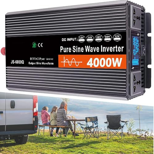 Dfdieratve Inverter per Auto da 4000 W, Convertitore da 12 V/24 V/48 V/60 V DC a 110 V/220 V AC per Auto con 2 Prese AC, Elementi Essenziali per Auto per Campeggio, Viaggio su Strada,48V