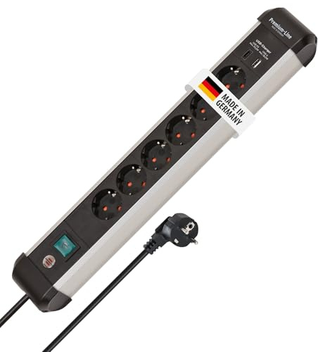 Brennenstuhl PremiumAlu-Line Multiprise 6 Prises avec USB C PD 30 W et USB A 18 W en Aluminium (fabriquée en Allemagne, multiprise avec câble de 3 m et Interrupteur, multiprise pour Montage Mural)