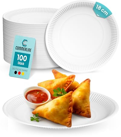 Commerline 100 Stück Rund Pappteller Ø18 cm | Hochwertige Einwegteller für Kuchen, Partys & Snacks | Einweggeschirr & Einmalgeschirr | Pappteller für Essen, Geburtstage & Catering