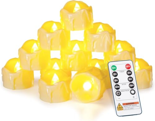 Homemory 12er Electric Teelicht mit Fernbedienung,Timer,Batterie,Wachshülle | 400+ Std,2/4/6/8 Std Timer,Flackernde Electric Kerzen,dimmbar Weihnachten,Hochzeiten,Wohnen Dekor, Battey enthalte