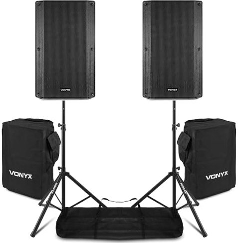 Vonyx VSA150S 15 Active DJ Speaker Set with Bluetooth, Stands & Protective Covers - 1000W Portable Powered PA System for Live Events, DJs & Performances