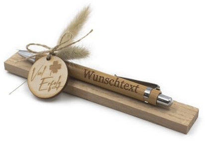VmG-Store Holz Kugelschreiber als Geschenkidee zum Muttertag Mama Vatertag Geburtstag Papa Oma und Opa Arbeitskollege Freundin Freund (Mit Wunschname, 15 Viel Erfolg Kleeblatt)