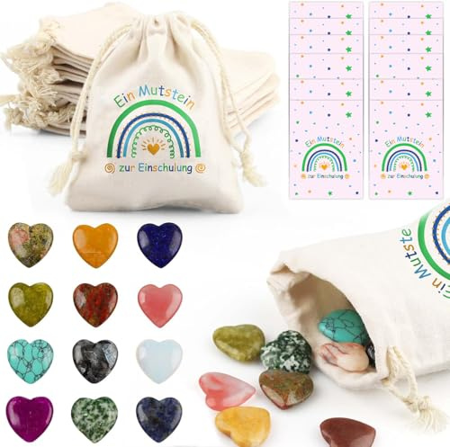 Szhhrxi 12er Glückssteine Set mit Jutesäckchen - Mutstein, Edelsteine & Kärtchen - Vielseitiges Mitgebsel für Kindergeburtstag, Taufe, Weihnachten, Wichteln - Glücksbringer & Mutmacher für Kinder