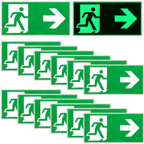 Behogan 12 Carteles Salida de Emergencia Fotoluminiscentes 300 x 150 mm, Señal Reflectante Autoadhesiva Flecha a la Derecha para Vía de Escape Interior y Exterior