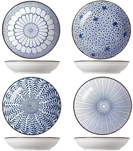 TuYines Ceramic Deep Dinner Plates Set of 4 Patterned,8 Inch Ceramic Dessert Plates,Salad Plates Set,Dinnerware Set for Pasta Bowls,Ramen Microwave & Dishwasher Safe
