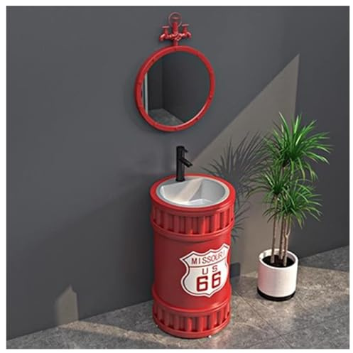 ZTGL Retro Industrie Stil Freistehendes Waschbecken Standwaschbecken Bodenstehende Waschtisch Waschplatz Badezimmermöbel, Schmiedeeisernes Standsäule Waschbecken Mit Wasserhahn B1,with Mirror