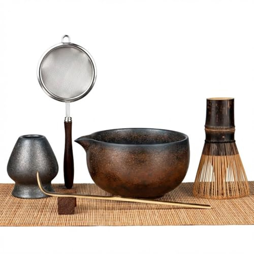 GleeNflux Matcha Whisk Set 7-Piece with Handmade Matcha Bowl & 100-Prong Purple Bamboo Whisk (Chasen), Complete Matcha Kit with Holder, Scoop & Rest, Bamboo Tea Mat, Gift-Ready Matcha Set