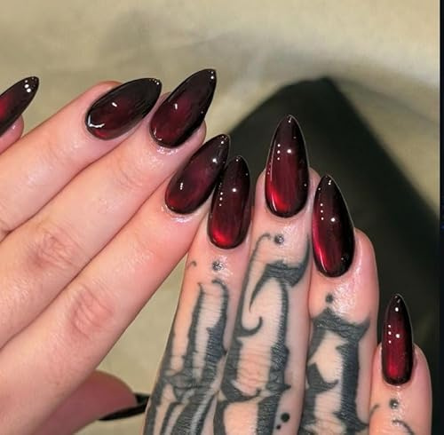 MouyouGlow Press on Nails Kurz,Almond Dunkel Rot Burgundy Einfarbige Cat Eye Magnetic Fake Nails mit Nagelkleber,Dark Wine Red Phototherapy Künstliche Fingernägel