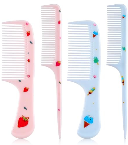 Toddler Hair Comb, 4 Pcs Cute Hair Comb Set Plastic Fine Tooth Rat Tail Combs Portable Detangling Comb for Women Girls All Hairs Types Long Short Wet Dry Curly Straight (Blue, Pink)
