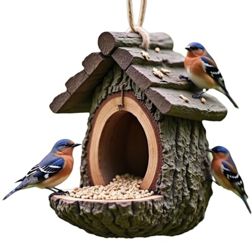 Mangime per uccelli a forma di casetta sull'albero vintage, scultura impermeabile in resina montata sugli alberi, design aperto esterno con casa sospesa con vassoio per semi per giardino cortile patio