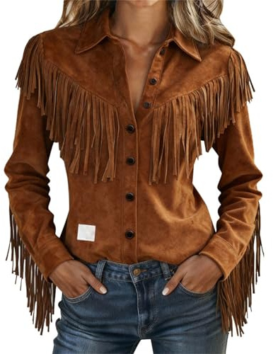 Abito da cowgirl da donna, giacca, camicia da cowboy, camicie da donna con frange, costume hippie anni '70, a maniche lunghe, con bottoni, giacca western da cowgirl, finta pelle scamosciata, tuniche