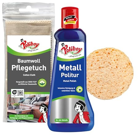 POLIBOY Metall Politur – Poliermittel für glänzende Metalle – Metallpflegemittel mit Anlaufschutz - 1x 200 ml - Mit Schwamm & Tuch