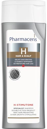 Pharmaceris H Stimutone Shampoo gegen Ergrauen und Haarausfall, Tiefenreinigung und verbessert den Zustand der Haare, spendet der Kopfhaut Feuchtigkeit, Für Damen und Herren - 250 ml
