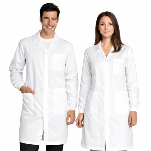 Ristohouse Camice Bianco Da Laboratorio 100% Cotone Antiacido con Bottoni a clip ed Elastico ai Polsi + Occhiale Protettivo Trasparente/UNISEX/Perfetto per i Corsi - Scuola - Studenti