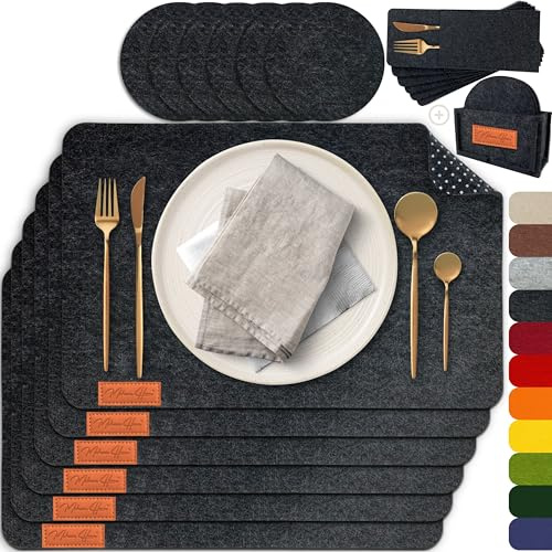 MAHEWA® 6er Set Premium Tischset Platzset aus Filz rutschfest Ab-waschbar und Waschmaschinenfest Eckige Platzdeckchen (Anthrazit/Braun, 6er Set mit Zubehör)