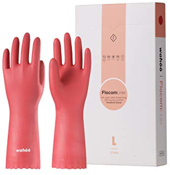 LANON 3 Paires wahoo Respectueux de la Peau Gants de Nettoyage, Gants de Vaisselle Avec Doublure en Coton Floqué, Réutilisables, Antidérapant, Rouge, S