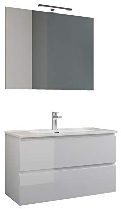 Mama Store ATENA Mobile sospeso con lavabo, specchio e lampada LED Laminato Bianco Lucido Laccato L. 101 X P. 47 X H. 53 cm
