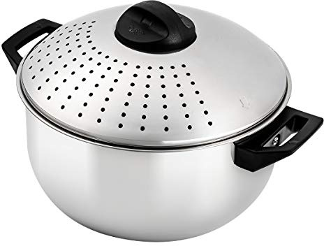 OVENTE Cooking Pasta Pot with Strainer Lid, Easy Twist and Lock Cover, 4.8 Quart Multi-Purpose Nonstick Kitchen Cookware for Draining Spaghetti Noodles or Veggies, No Colander Needed, Silver CW15131S