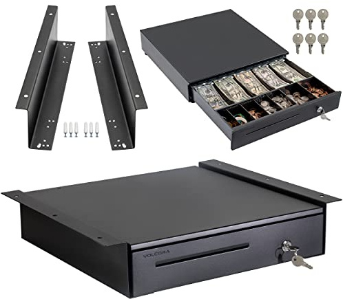 Volcora Cash Register Drawer with Under Counter Mounting Metal Bracket - 16 Black Cash Drawer for POS, 5 Bill 6 Coin Cash Tray, Removable Coin Compartment, 12-24V RJ11/RJ12 Key-Lock, Media Slot