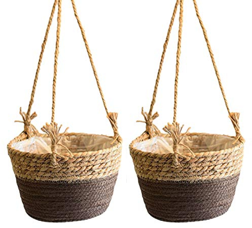 Hapeisy 2 Stück Juteseil hängende Pflanzkörbe, Hängeblumentopf, Hängepflanzenhalter, Hängekörbe für Pflanzen, Blumentöpfe