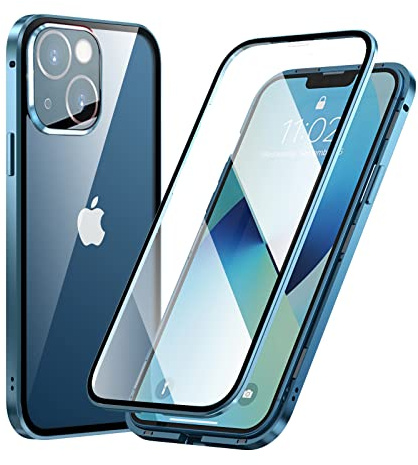 MIMGOAL Hülle für iPhone 13 360 Grad Magnetisch Transparent Blau | Gehärtetes Glas vorne und hinten, Magnetischer Aluminiumrahmen, Integrierter Kameraschutz, 9H-Displayschutz