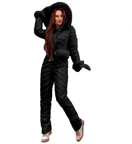 Traje de Nieve para Mujer de Una Pieza, Mono de Esquí para Invierno, Cálido, Sambas, Largo Con Capucha y Cierre de Cremallera, Impermeable y Cortavientos, Negro, M