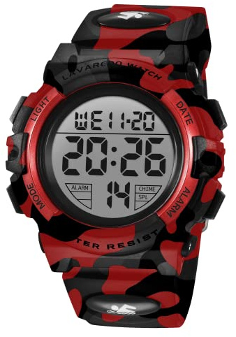 BEN NEVIS Children's Boys Teenagers Digital Outdoor Sport Multifunction Waterproof LED Light Alarm Calendar Date Watch with Silicone Band, 29-Red Military, Strap