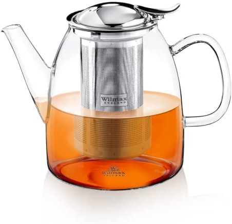 Wilmax Tetera de cristal con colador, 1450 ml, jarra con tapa de acero inoxidable, jarra de cristal para flores de té, tetera para té suelto, filtro extraíble, apto para lavavajillas