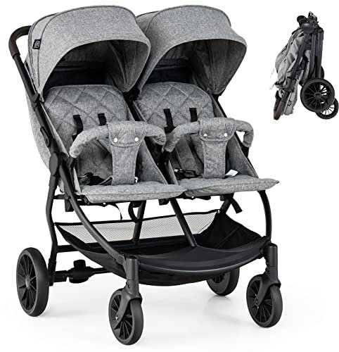 RELAX4LIFE Passeggino Gemellare Pieghevole in 1 Passo con Schienale 115°/145°/175° e Tettoie a 5 Livelli, Poggiapiedi Regolabile, Ruote 360°, Freno,Cintura a 5 Punti, 15+15KG (GRIGIO)
