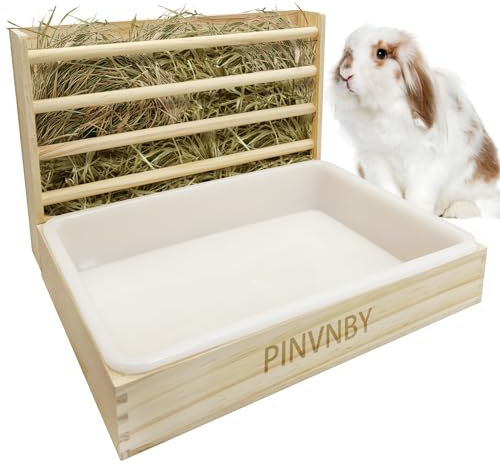 PINVNBY Hase Heuraufe mit Kunststoff-Klo Kaninchengras Krippenhalter Meerschweinchen Holz Futterstation und WC Set Praktische Kaninchenkäfig Möbel