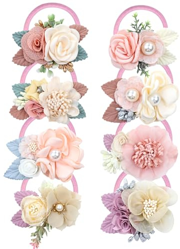 Dizila 8 Pack Decorative Pearl Flower Hair Ties Rubber Bands Elastics Stretchy Floral Hair Scrunchies Pigtail Ponytail Holders for Baby Girls Infants Toddlers Kids Teens
