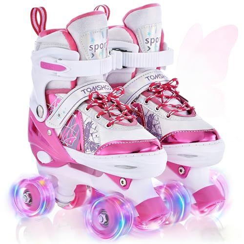 TOMSHOO Roller Skates for Girls Boys Kids Roller Skates 4 Sizes Adjustable Quad Skates With Light Up Wheels Roller Boots for Indoor Outdoor Birthday Gift (Pink, Medium(UK1-3))